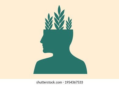 Successful mindset. Self developmen concept. Human head with green plants growing inside it. Vector. 