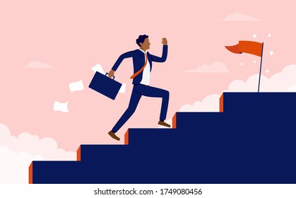 Successful Minority  - Ethnic Business Man With Briefcase Running Fast Up Stairs Towards Goal. Success In Business, Working Hard And Aspirational Concept. Vector Illustration.