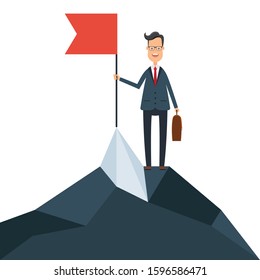 Successful mission concept. Flag on the peak. Vector illustration in flat design.