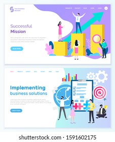 Successful mission and implementing business solution vector. People with tool magnifying glass and growing charts with blue arrow going up. Website or webpage template, landing page flat style