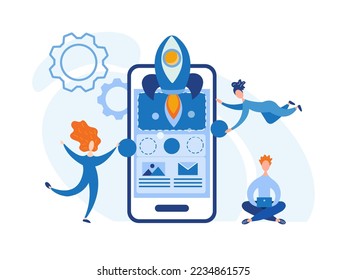 Successful mobile app startup, online business Vector illustration