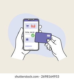 Transação de pagamento móvel bem sucedida usando um cartão de crédito e a ilustração da arte da linha do smartphone.