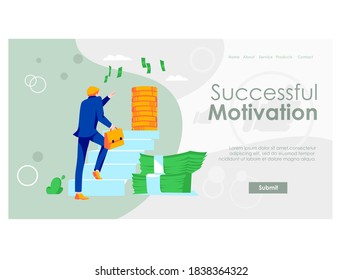 Successful motivation landing page template. Businessman climbing ladder to financial success. Business motivation and ambitions, personal growth and self development flat vector illustration