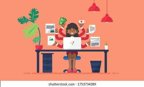 Successful multi tasking afro business woman at workplace. African american businesswoman busy with paperwork holding finance documents with many hands happy smiling flat vector illustration