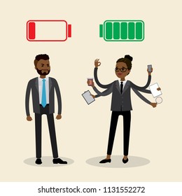 Successful multitasking business woman with full green battery and sad businessman with red low battery,flat african american office workers,vector illustration