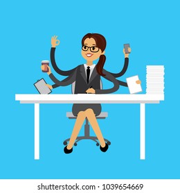Successful multitasking businesswoman,flat caucasian office worker female,vector illustration