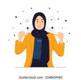 Successful Muslim business woman dressed in stylish suit with confidence, pointing herself with fingers proud and happy, high self esteem, concept illustration