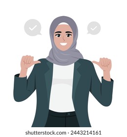 Successful muslim business woman dressed in suit with confidence, pointing herself with fingers proud. Flat vector illustration isolated on white background