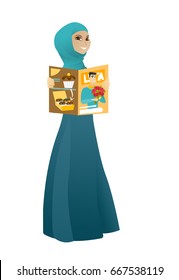 Successful muslim business woman reading magazine. Young business woman holding a magazine. Full length of business woman with a magazine. Vector cartoon illustration isolated on white background.