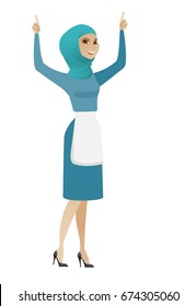Successful muslim cleaner standing with raised arms and pointing fingers up. Full length of young cleaner celebrating with raised arms up. Vector flat design illustration isolated on white background.