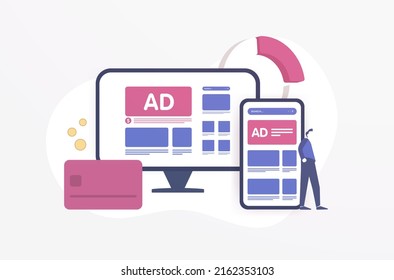 Successful native in-feed advertising campaign strategy. Refund and return rate concept. Inbound online marketing with programmatic social network advertising on the smartphone and desktop display - Shutterstock ID 2162353103