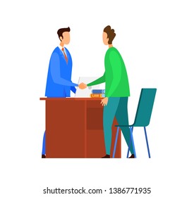 Successful Negotiations, Agreement Illustration. Corporate Lawyer and Client Handshaking Flat Vector Characters. Cartoon Advisor and Customer. Business Partnership. Consultant, Attorney Office