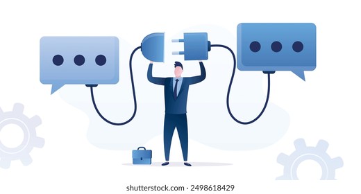 Successful negotiations, assistance in finding solution. Communicate to solve problem, discussion or meeting to get new ideas. Smart businessman connect plug between conversation. vector illustration