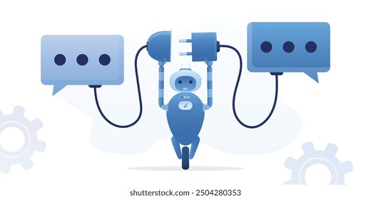 Successful negotiations, robot assistance in finding solution. Communicate with AI to solve problem, discussion or meeting to get new ideas. Chat bot connect plug between conversation. flat vector