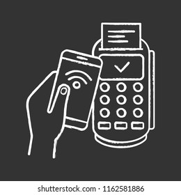 Successful NFC smartphone payment chalk icon. NFC phone and POS terminal. Near field communication. Mobile phone contactless payment. Isolated vector chalkboard illustration
