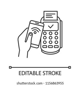 Successful NFC smartphone payment linear icon. NFC phone and POS terminal. Thin line illustration. Mobile phone contactless payment. Contour symbol. Vector isolated outline drawing. Editable stroke