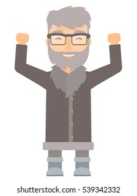 Successful north man in warm winter clothing standing with raised arms up. Smiling north man celebrating success with with raised arms. Vector flat design illustration isolated on white background.