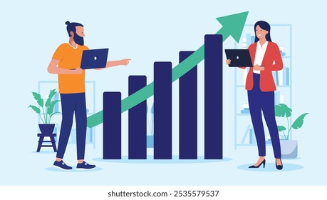 Empresários de escritório bem-sucedidos - Empresários com notebooks que observam o diagrama de gráficos em ascensão, sorrindo e felizes pelo sucesso e crescimento na empresa. Ilustração de vetor de design plano