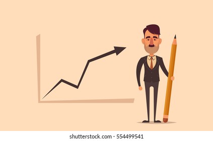 Successful Office Worker Holding a Big Pencil. Vector Illustration