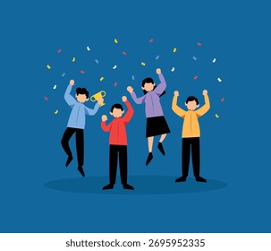 Successful office workers jumping with joy under confetti. Team of employees celebrating project completion or business victory