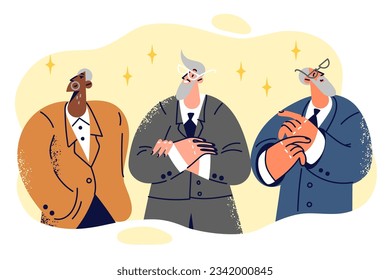 Successful older multiethnic men in business suits show confidence in future by having retirement accounts. Successful members of board of directors or consulting company stand with arms crossed