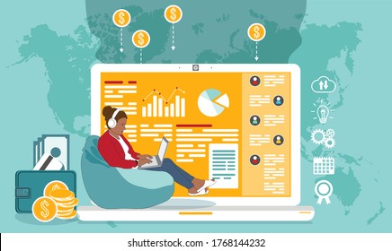 Successful online business, young woman remotely working from home at laptop computer, earning money,  world map background. Internet technology for financial well being, data analysis. Flat vector.  