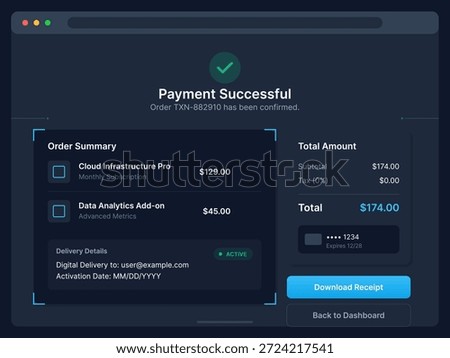 Successful online payment displayed on a computer screen. Order details include cloud infrastructure, data analytics, and receipt download. The transaction is now complete.