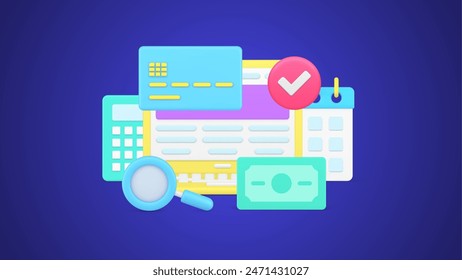 Successful online payment with schedule reminder on laptop with cash money dollar and credit card 3d icon vector illustration. Regular monthly financial pay searching calculating with magnifying glass