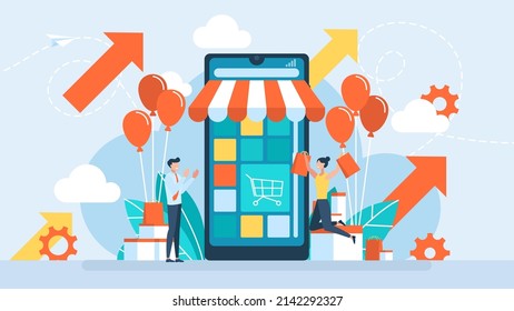 Successful online shopping. Mobile purchases. Grand opening concept. New online store, website, account. The ceremony, celebration, presentation, and event. Flat design. Vector illustration.