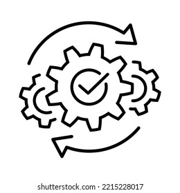 Operaciones correctas o icono de proyecto. Engranajes con marca de verificación y flechas símbolo de línea delgada en negro. Signo de integración efectivo en blanco. Icono de inicio simple. Ilustración vectorial para diseño gráfico, Web