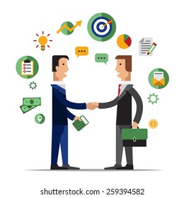 Successful partnership, business people cooperation agreement, teamwork solution and handshake of two businessman Isolated on stylish background. Flat design style modern vector illustration concept 