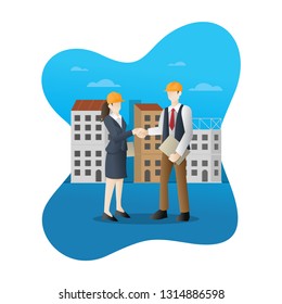 Successful Partnership in Construction Business. Developer and buyer shaking hands on a deal of construction