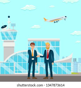 Successful Partnership Negotiation Illustration. Corporate Relationship Establishment. Men in Suits Discussing Potential Cooperation. Business Meeting, Conversation at Airport Vector Drawing