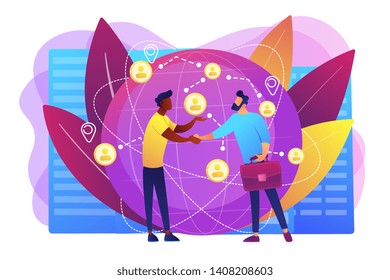 Successful Partnership Negotiation, Partners Handshaking. International Business, Global Business Collaboration, International Teamwork Concept. Bright Vibrant Violet Vector Isolated Illustration