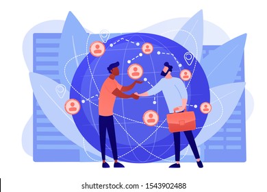 Successful Partnership Negotiation, Partners Handshaking. International Business, Global Business Collaboration, International Teamwork Concept. Pinkish Coral Bluevector Isolated Illustration