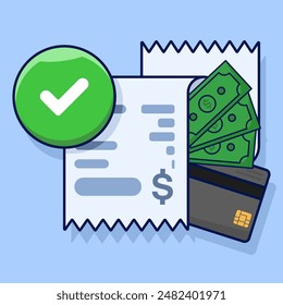 Concepto de pago exitoso. Transacción de pago aprobada con éxito marca de verificación de notificación en el Comprobante de la Factura a través de tarjeta de débito, transferencia de dinero completada, marca de verificación válida en el pago exitoso