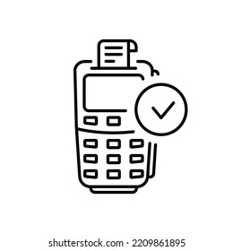 Pago correcto en el icono de la línea de marca de verificación de Pos. Comprar Aprobar Transacción en Pos Pictogram. Impresionante compra de pago aprobado en el icono Esquema de terminal. Stroke editable. Ilustración de vectores aislados.