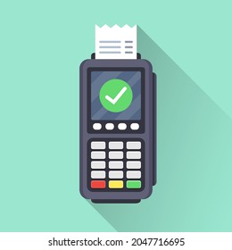 Operación de pago correcta. El terminal POS imprime recirpe con garrapata verde y sombra larga. Ilustración del vector
