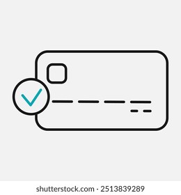 Successful payment via credit bank card. Debit card icon with  verified checkmark. Approved payment
