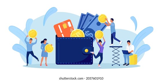 Successful People with Big Wallet Full of Money, Credit or Debit Card. Person Putting Coin into Purse. Investment, Earnings Money. Businessmen Increasing Capital and Profits. Wealth and Savings