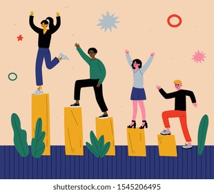 Successful People Celebrating Victory, Group of Men and Women Climbing Up Rising Financial Chart Vector Illustration