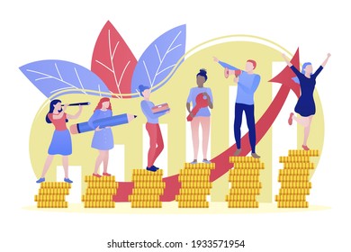Successful people climbing coin graph. Business team increasing income and investment, struggling for success. Team building, career growth concept flat vector illustration