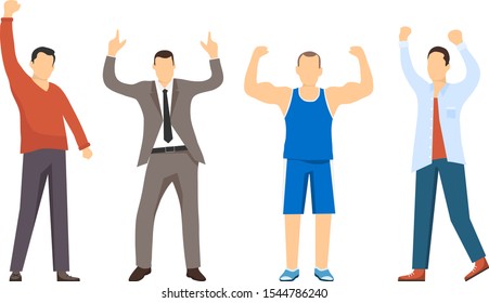 Successful people, confident people. The people who won. Presentation of a set of successful men. Confident businessman, athlete, student, office worker. Flat, cartoon vector illustration. Vector.