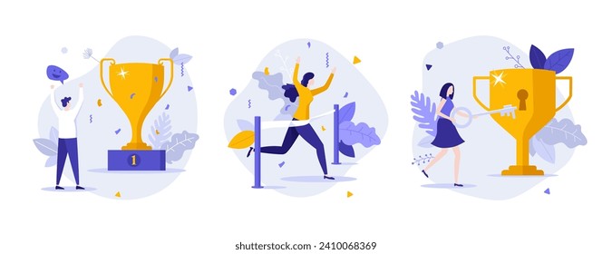 Successful people flat concept vector illustrations set. Finding personal to success cartoon composition. Winner cup for best result in competition creative idea for website, presentation