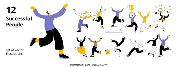 Successful people have fun jumping. A set of vector characters in outline style in business and casual clothes.