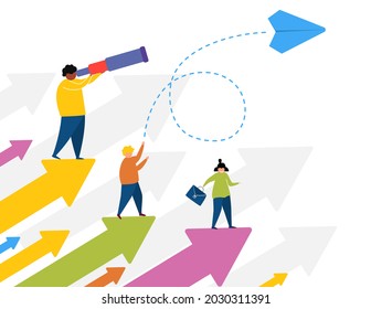 Successful people and his team standing at arrows and looking with the telescope for new business opportunities. New business, start up Business concept illustration
