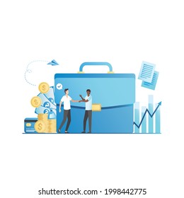 Successful people negotiate with documents, conclude deal on beneficial cooperation at meeting. Businessmen with big money, coins, cash successfully shake hands against background of large portfolio.