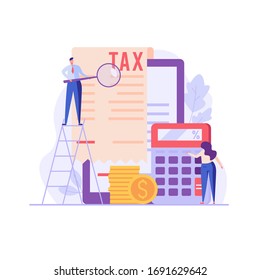 Successful people pay and count taxes. Tax time. Concept of tax management, optimization, duty, financial accounting. Vector illustration in flat design for UI, banner, mobile app