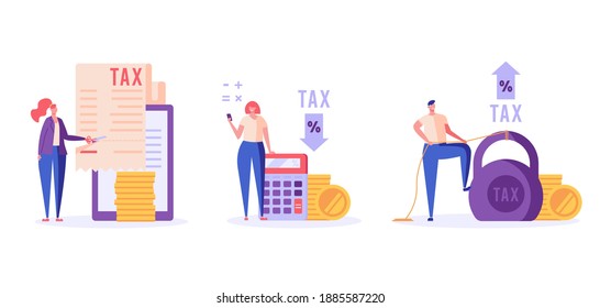 Successful people pay and count taxes. Tax time. Set of tax management, optimization, duty, financial accounting. Vector illustration in flat design for UI, banner, mobile app