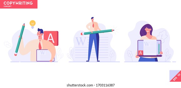 Successful people with a pencil writing or editing a text. Concept of copywriting, journalism, writing, copyright idea. Vector illustration in flat design.
